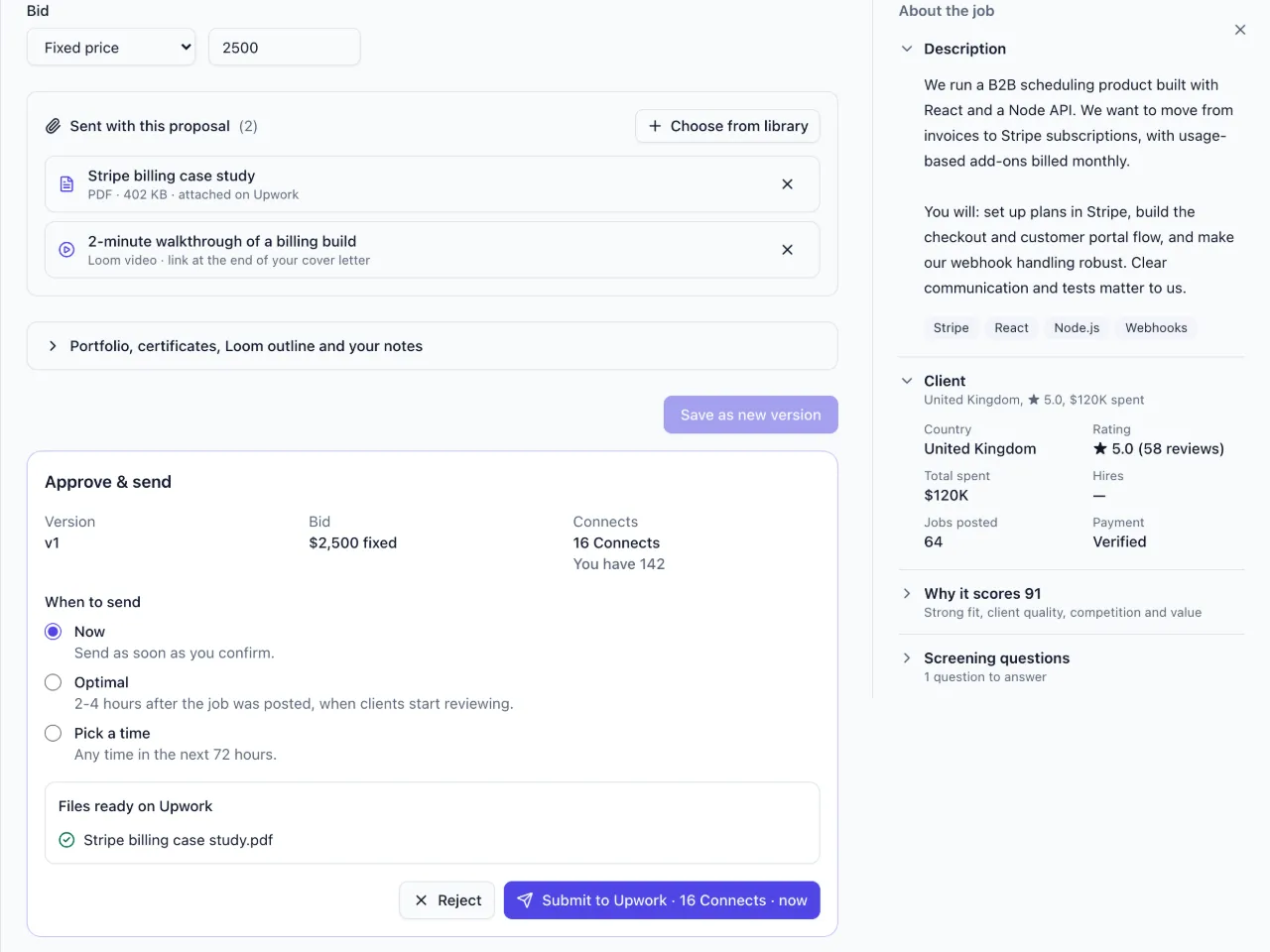 A proposal ready to send: a checked case study PDF attached on Upwork and a Loom walkthrough in the cover letter, the approve panel showing the file ready on Upwork and the Connects cost.