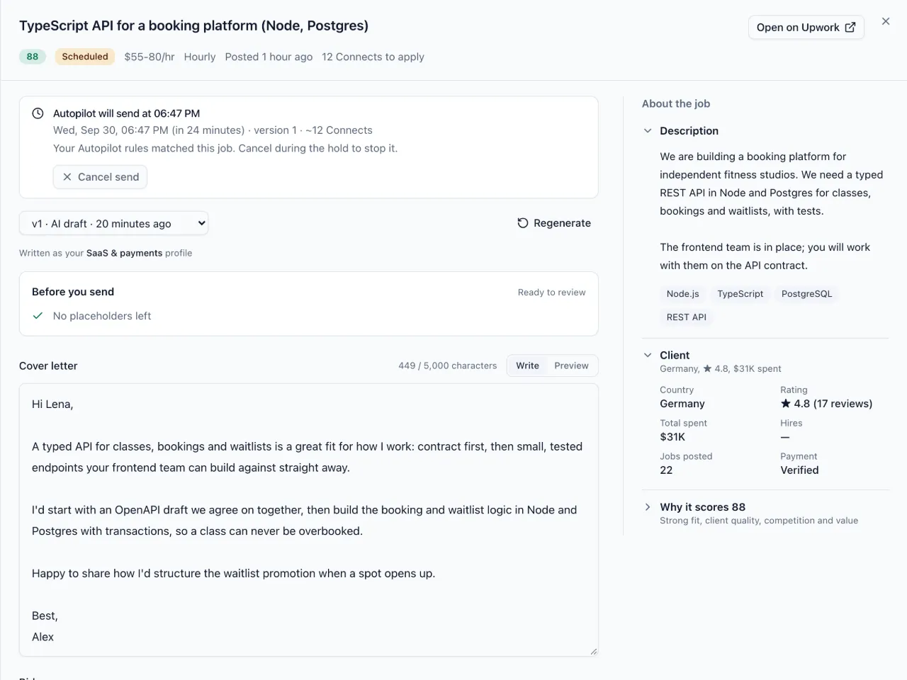 An Autopilot send waiting in its hold window, with the send time, Connects cost and a Cancel send button above the drafted proposal.