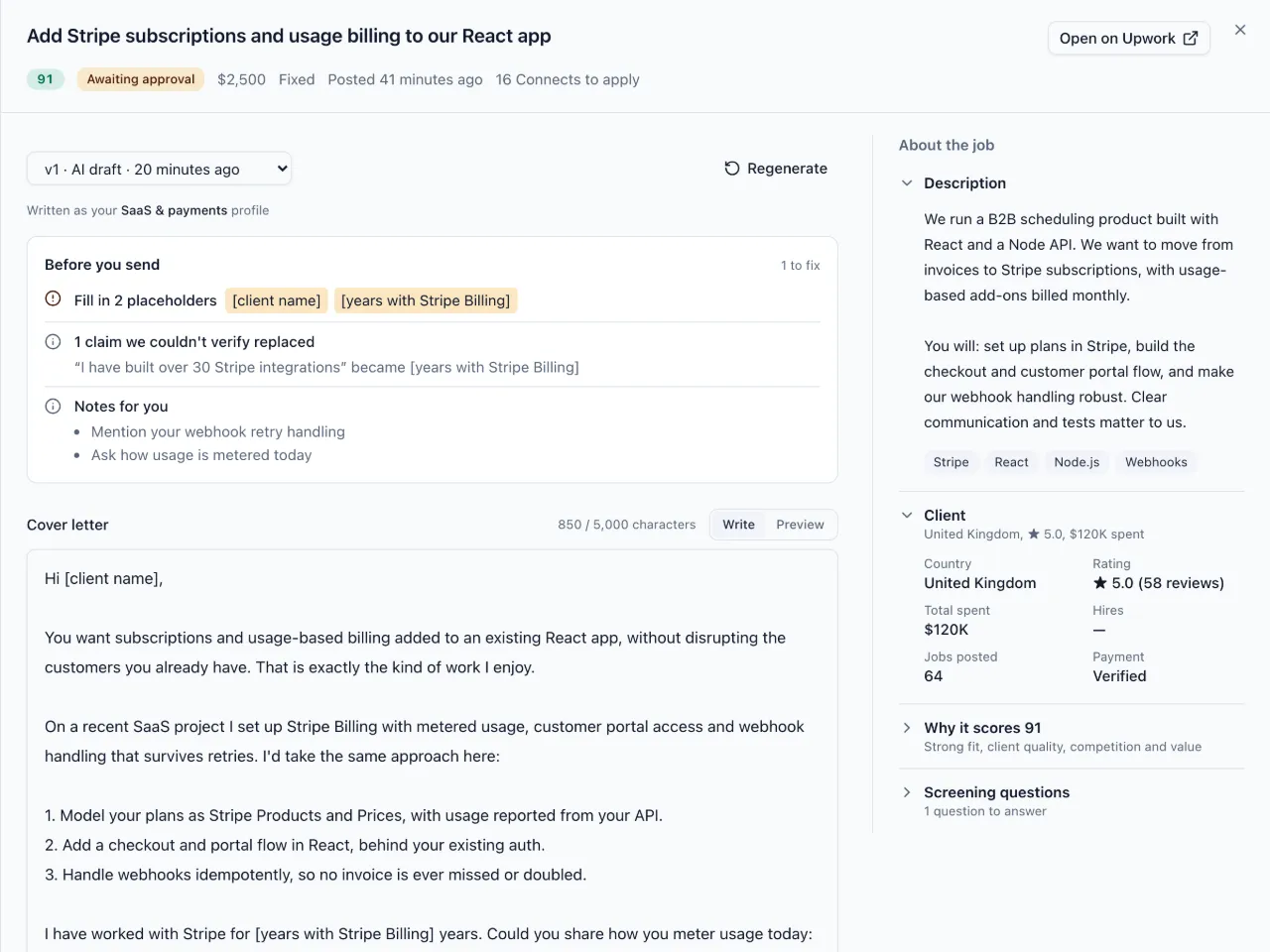 A job opened in GigPitch: a proposal drafted as the SaaS and payments profile, with two placeholders to fill in and an unverifiable claim replaced, beside the job and client details.